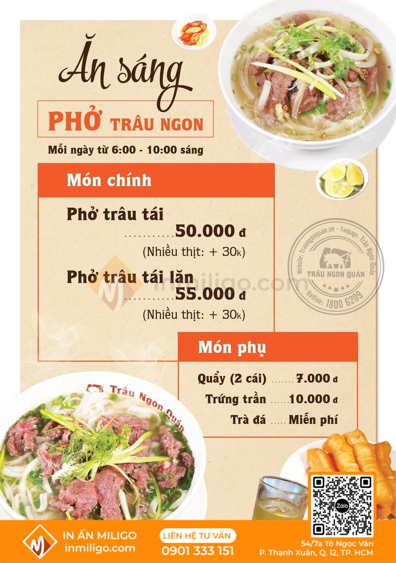 Menu quán phở