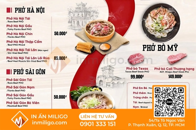Menu quán phở