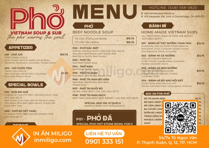 Menu quán phở